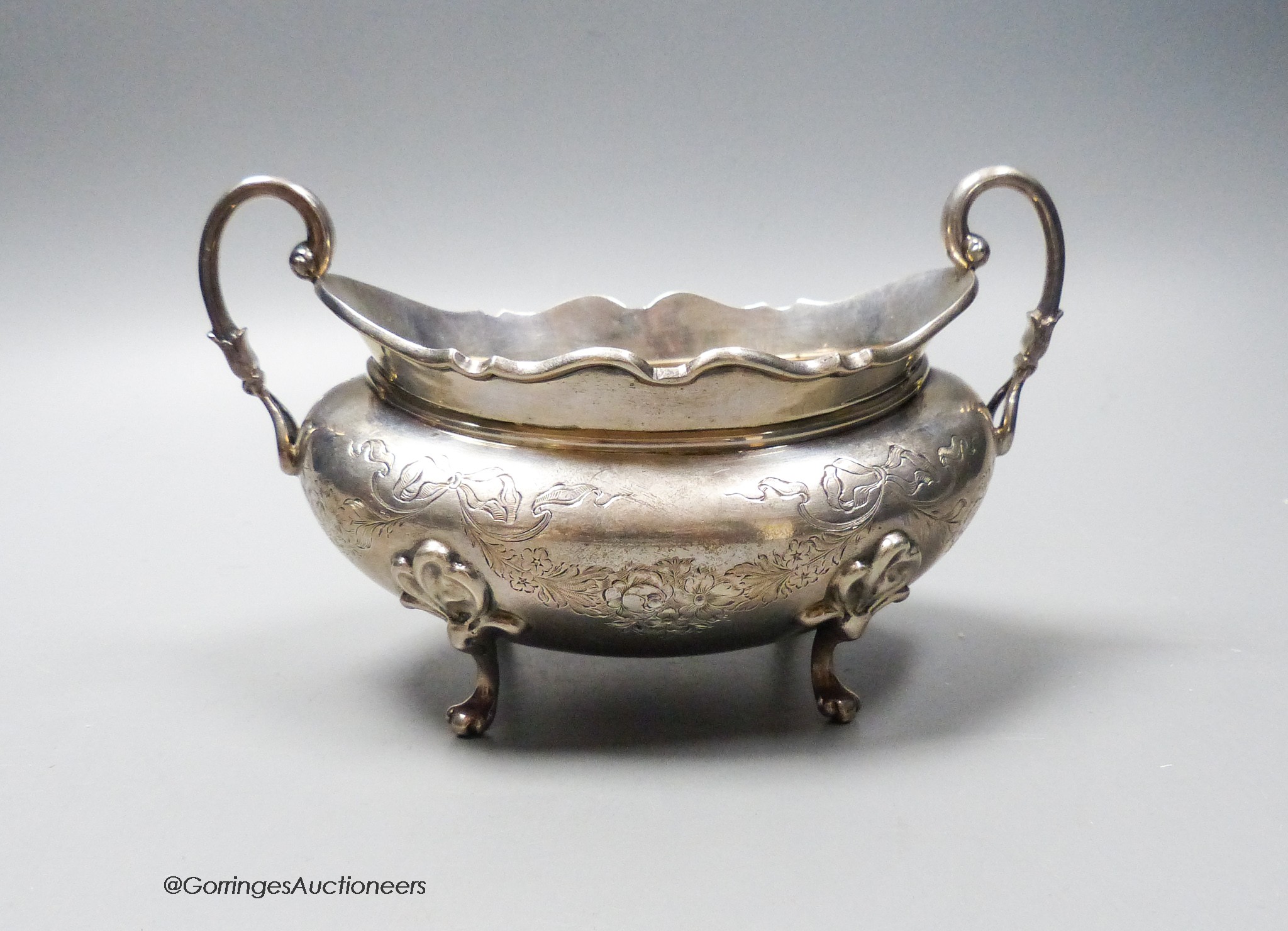 An Edwardian silver two handled sugar bowl, Goldsmiths & Silversmiths Co Ltd, London, 1907, width 16.5cm, 9oz.